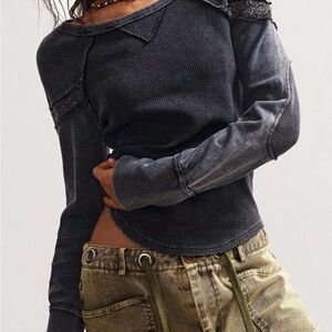 Waffle Knit & Crochet Crew Neck Long Sleeve NWOT